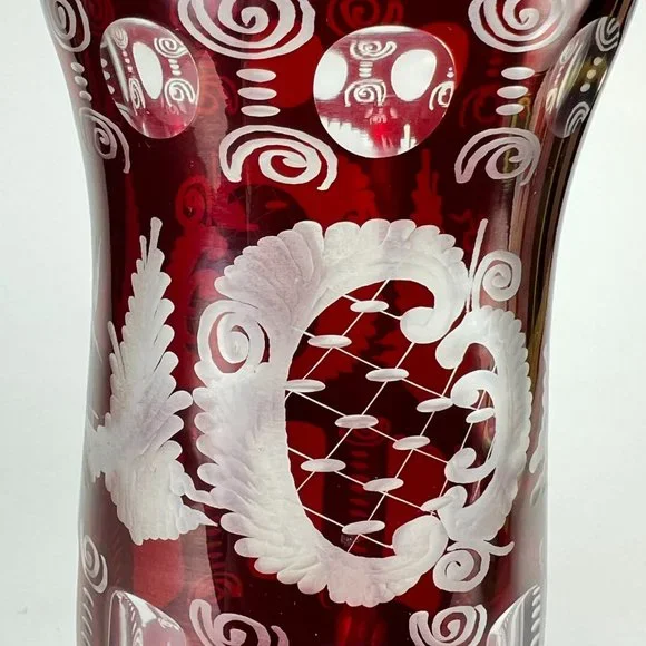 Vtg Egermann Vase Bohemian Ruby Red Cut To Clear Etched Glass Castle Bird Czech
